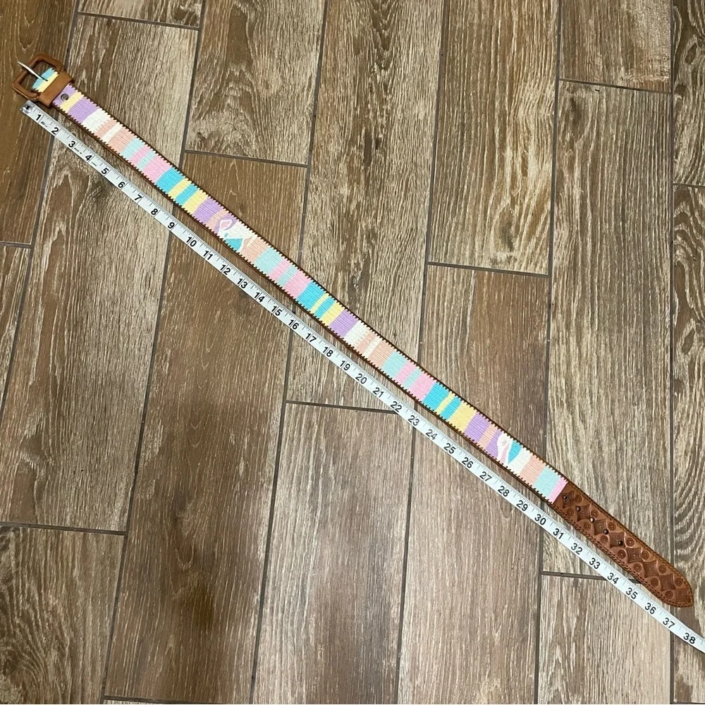 Vintage Pastel Woven Tapestry Leather Belt Guatemala